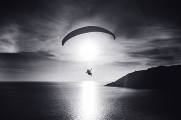 Sky diver flies at sunset over the bay. Black and white photo