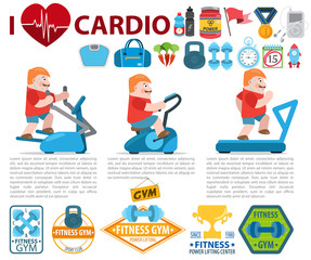 Exercise machines set and cardio workout elements