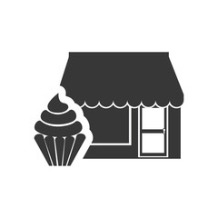 store bakery commerce building with sweet cupcake dessert icon silhouette. vector illustration