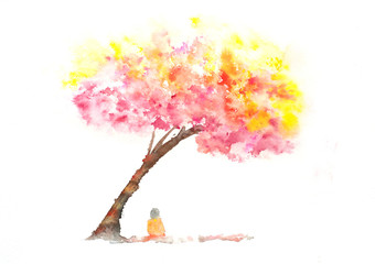 Watercolor painting of colorful tree with girl sits under tree, autumn tree hand painted, impressionist style - 121834152