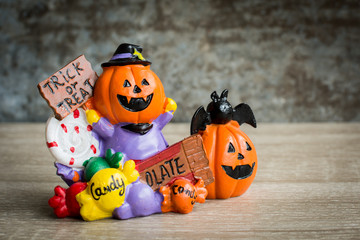 Halloween cartoon set on wooden background.