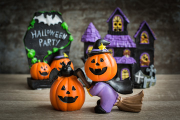 Halloween cartoon set on wooden background.