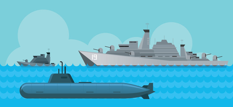 Warship and Submarine, Side View in the Sea, Navy, Patrol Ship, Flat Design Objects