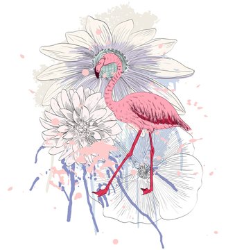 Vector sketch of a flamingo with flowers. Hand drawn illustration