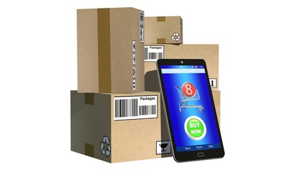 
Online shopping, internet purchases and e-commerce concept, modern mobile phone with buy button on the screen and package boxes isolated on white