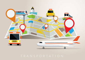 Map with Mode of Transport, Plane, Train, Boat, Bus, Travel, Destination