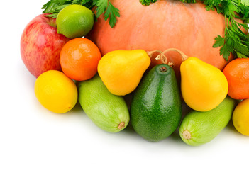 Fruits, vegetables and herbs isolated on white background.