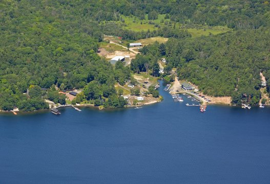 aerial view of the Georgian Bay shoreline near a marina in Carling;  Parry Sound, Ontario Canada 