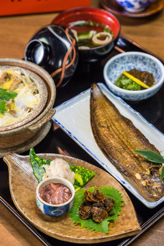 Luxurious Japanese meal set - broiled sole fish and boiled loach