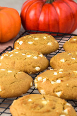 Pumpkin cookies with cream cheese chips.