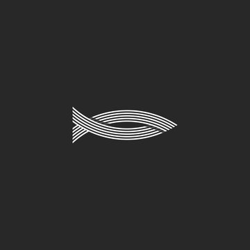 Shape fish logo monogram, parallel interweaving lines hipster fishing emblem, seafood restaurant menu symbol