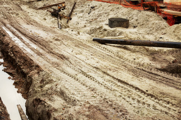 Construction of new tramway tracks in old town of european city.