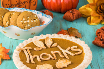 Thanksgiving pumpkin pie and pumpkin cookies.