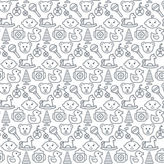 Seamless pattern with icons of baby items. Vector illustration.