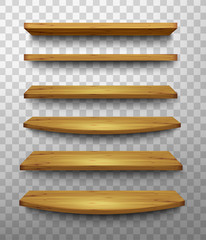 Set of wooden shelves on a transparent background. Vector.