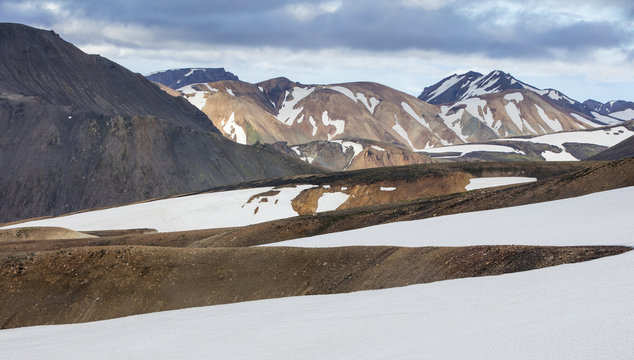 snow fields on the back of hills in Iceland