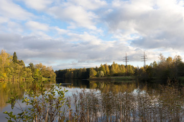 Autumn lake at sunset