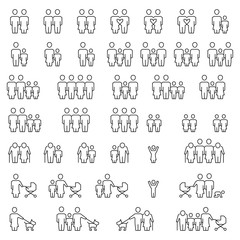 Family vector icon set in thin line style.
