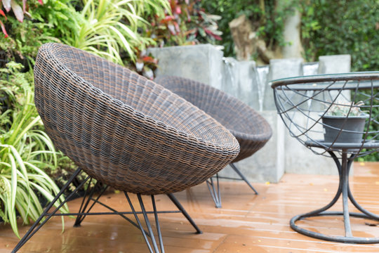 Rattan Wicker Chair And Desk On Patio