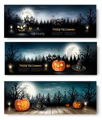 Three Holiday Halloween Banners with Pumpkins. Vector