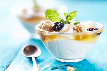 greek yogurt on blu table
