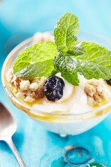 greek yogurt on blu table