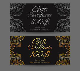 Fototapeta na wymiar Set of vintage luxury gift certificates and vouchers with gold and silver pattern. Vector element for your design