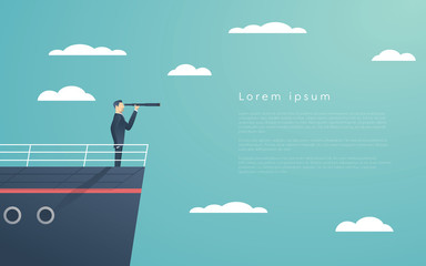 Business man standing on a ship as symbol of leadership, professionalism and strong, powerful manager. © jozefmicic