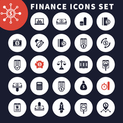 25 finance icons set, investing, shares, stocks, funds, assets, investment, income, financial instruments, vector illustration