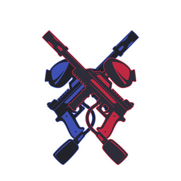 crossed paintball guns, red and blue on white, vector illustration