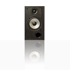 Obraz premium Image of professional audio speakers in a wooden case. Photo isolated on white background with reflection on a horizontal surface. There is an empty seat for your text.