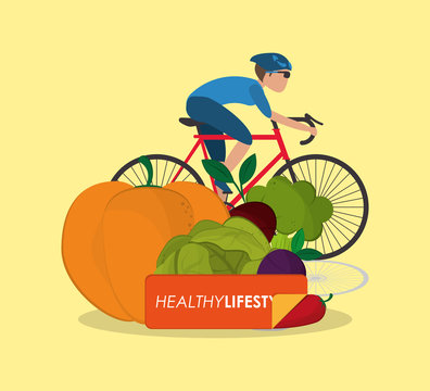 healthy food ingredients and cyclist  icons image  vector illustration