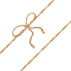 Watercolor hand drawn background with the bow-knot of the linen rope. Tie boxes for gifts. Jute rope with bow watercolor. Twine. Isolated illustration on white background.