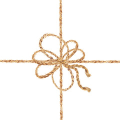 Watercolor hand drawn background with the bow-knot of the linen rope. Tie boxes for gifts. Jute rope with bow watercolor. Twine. Isolated illustration on white background.