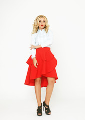  fashion model with luxury  hair  and red skirt 