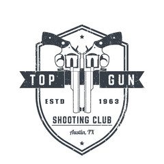 Gun club vintage logo, emblem with two revolvers on shield, grunge textures can be removed