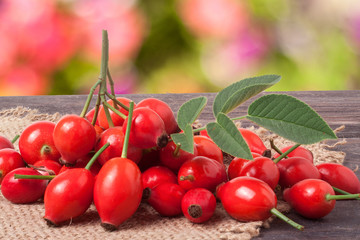 fresh rose hips on a dark board with sackcloth and  blurred background