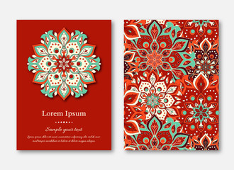 Set of cards, flyers, brochures, templates with hand drawn mandala pattern. Vintage oriental style. Indian, asian, arabic, islamic, ottoman motif. Vector illustration.