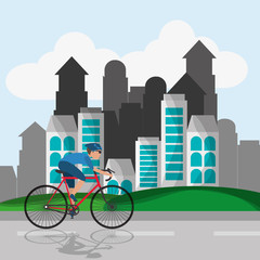 flat design cyclist with  city background image vector illustration