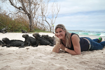 On the beach with marine iguanas