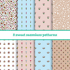 Set of doodle seamless pattern with cupcakes, donuts, lollipops, ice-cream etc.
