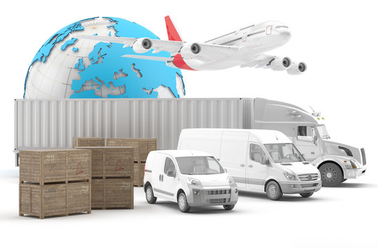 Vehículos para el trasporte de mercancías con globo terráqueo y un avión.