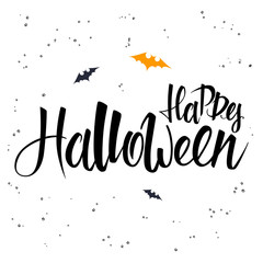 vector hand lettering halloween greetings text - happy halloween with bat