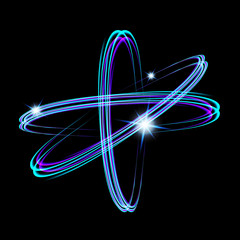 Shining neon lights atom model. Crossed circles light train effect. Glowing atom structure with magic fire ring trace.