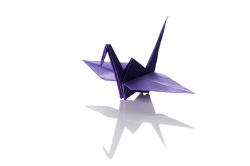 Origami art, colored crane isolated over a white background