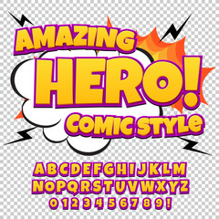 Creative high detail comic font. Alphabet in the style of comics, pop art.