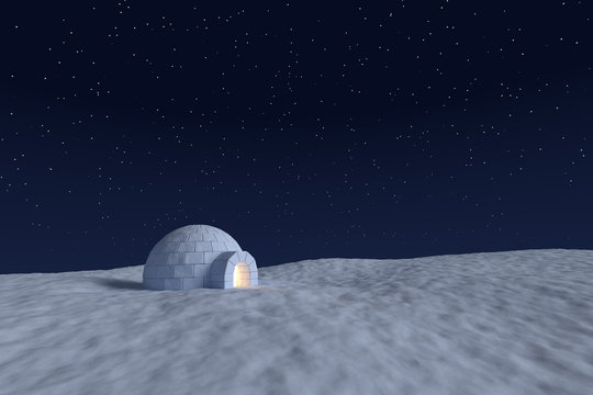 Igloo icehouse with warm light inside under night sky with stars