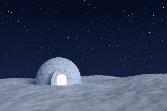 Igloo icehouse with warm light inside under night sky with stars
