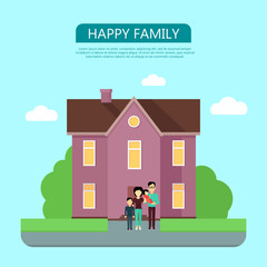 Obraz na płótnie Canvas Happy Family in the Yard of Their House.