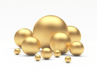 Group of golden spheres of different diameters. 3D illustration